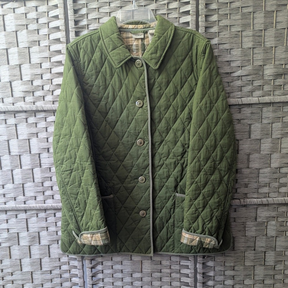LL Bean Quilted Barn Jacket Green Plaid Lined Button Front L Heritage Utility